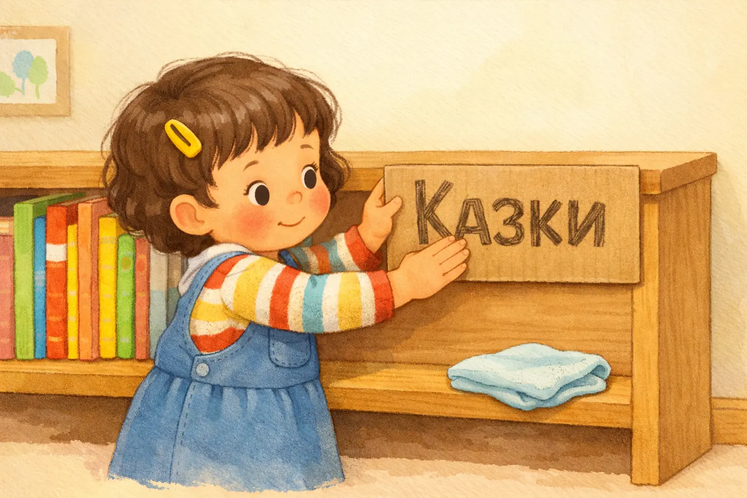 Оленка ніжно приклеює табличку Казки на полиці